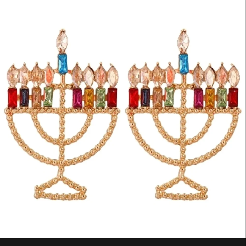 Menorah Earrings Colorful Hanukkah Earrings - Picture 6 of 10